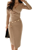 Asymmetric Button Detail Khaki Ruched Midi Dress