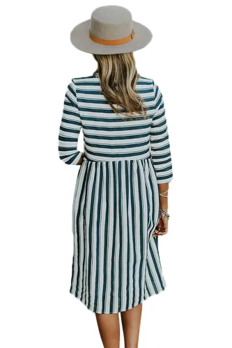 White Navy Striped Casual Midi Shirt Dress