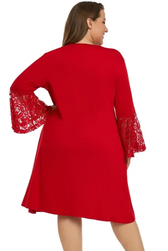 Red Sequin Lace Bell Sleeve Plus Size Mini Dress