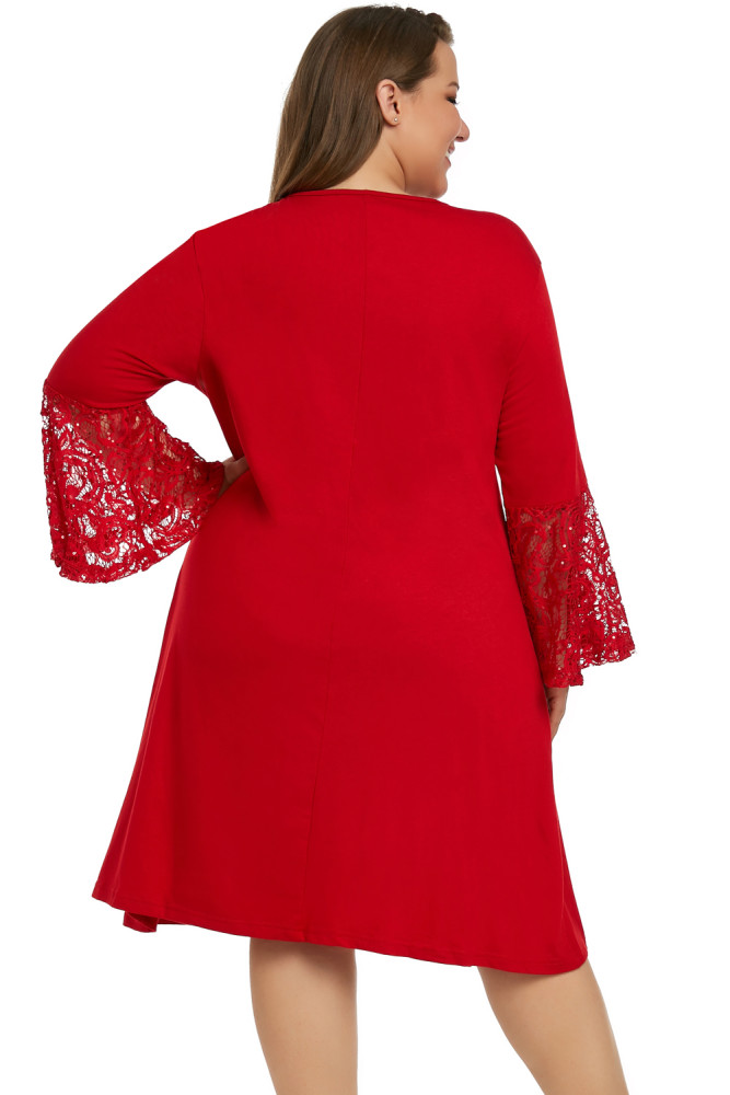 Red Sequin Lace Bell Sleeve Plus Size Mini Dress
