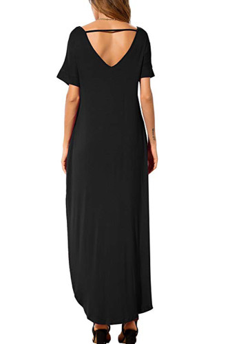 Black Lace Front Pocket Short Sleeve Split Casual Loose Maxi Dress