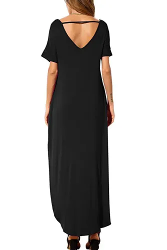 Black Lace Front Pocket Short Sleeve Split Casual Loose Maxi Dress