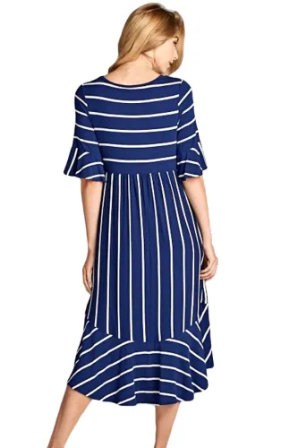 Navy White Striped Bell Sleeve Hi-low Midi Dress
