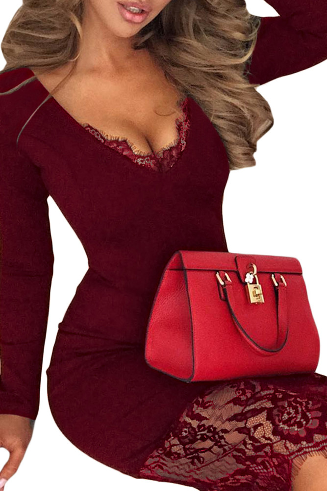 Burgundy Eyelash Lace Overlay Long Sleeve Bodycon Dress