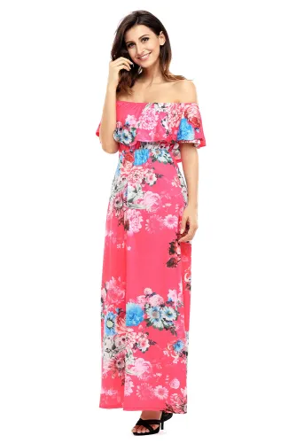 Flower Print Rosy Grounding Off Shoulder Long Boho Dress
