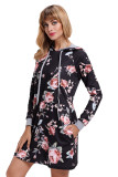 Black Floral Print Drawstring Hoodie Dress