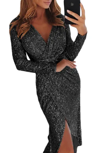 Black Sequins Wrapped Ruched Irregular Dress