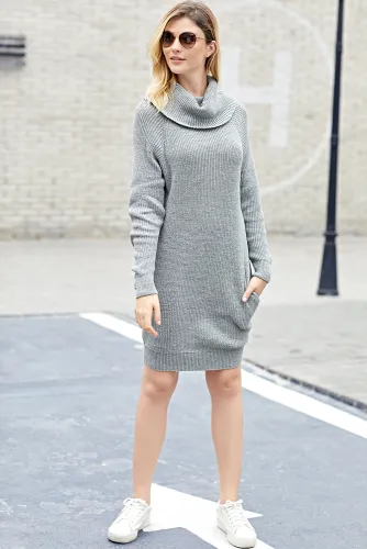 Gray Heap Collar Mini Knit Dress