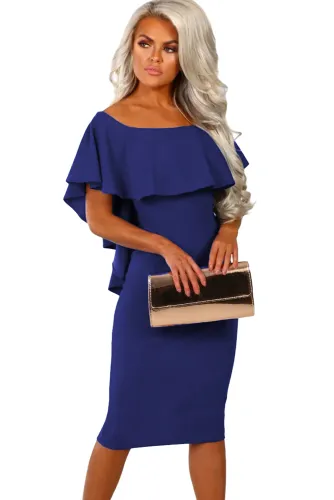Royal Blue Bow Poncho Overlay Bardot Midi Dress