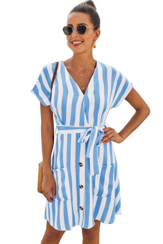 Sky Blue Fashion Stripe Short Sleeve Casual Dress