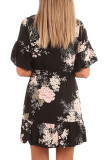 Black Floral Pattern Ruffle Hem Chiffon Dress