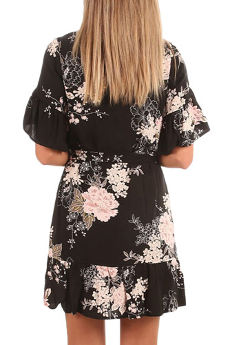 Black Floral Pattern Ruffle Hem Chiffon Dress