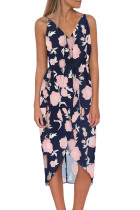 Blue V Neckline Sleeveless Floral Dress