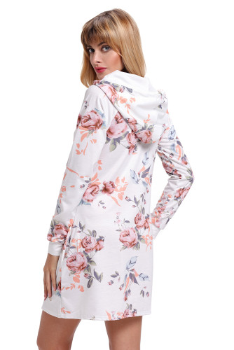White Floral Print Drawstring Hoodie Dress