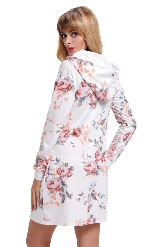 White Floral Print Drawstring Hoodie Dress