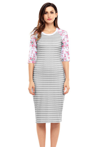 Grey White Stripe Floral Sleeve Midi Dress