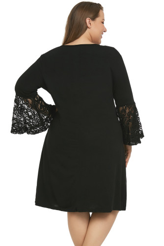 Black Sequin Lace Bell Sleeve Plus Size Mini Dress