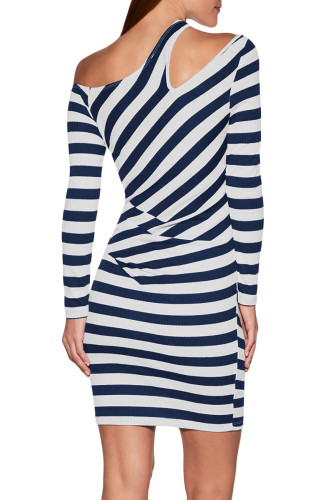 Navy Striped Asymmetric Shoulder Cutout Mini Dress