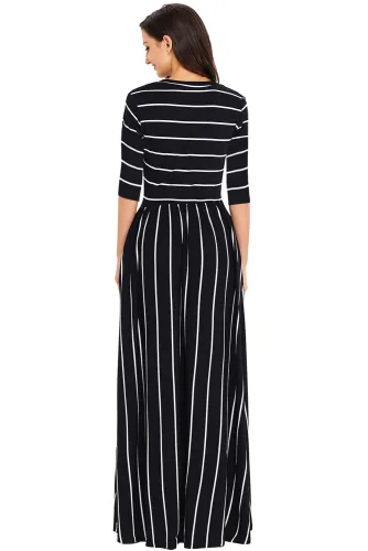 Black White Striped Casual Pocket Style Maxi Dress