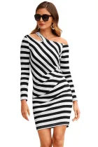 Black Striped Asymmetric Shoulder Cutout Mini Dress