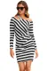Black Striped Asymmetric Shoulder Cutout Mini Dress