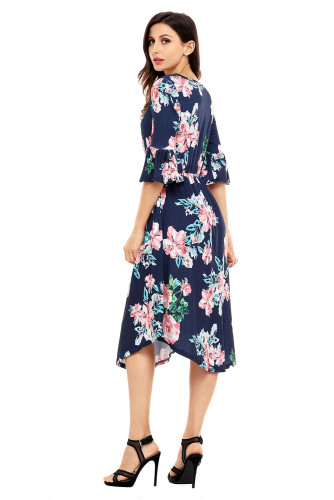 Navy Blue 3/4 Bell Sleeve Floral Midi Dress