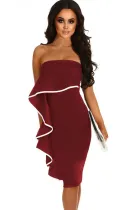 Wine Frill Strapless Midi Dress