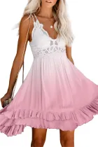 Pink Crochet V Neck Tie-dye Lace Mini Dress