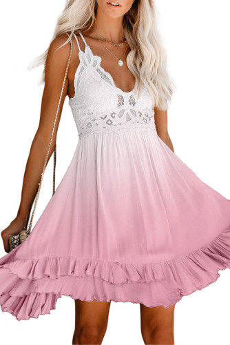 Pink Crochet V Neck Tie-dye Lace Mini Dress