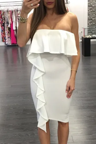 White Asymmetric Ruffle Trim Strapless Bodycon Dress