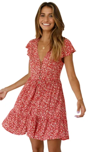 Red Floral Print Valentina Dress