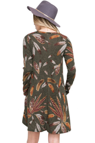 Olive Feather Graphic Pocket Tunic Dress