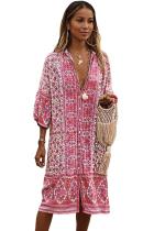 Pink Three-Quarter Sleeve Mid-Calf Print Dress