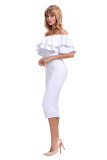 White Layered Ruffle Off Shoulder Midi Dress