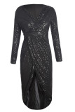 Black Sequins Wrapped Ruched Irregular Dress