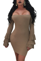 Brown Off The Shoulder Ruffled Sleeve Ribbed Mini Dress