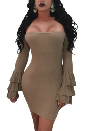 Brown Off The Shoulder Ruffled Sleeve Ribbed Mini Dress