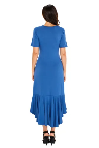 Slate Blue Flowy Ruffles Short Sleeve Casual Dress