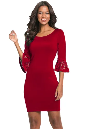 Red 3/4 Hollow-out Bell Sleeve Sheath Mini Dress