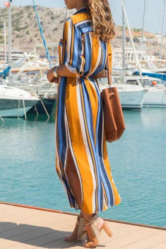 Multicolor Striped Roll up Sleeve Buttoned Maxi Shirt Dress