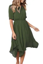 Green Chiffon Irregular Hem Short Sleeve Pleated Dress