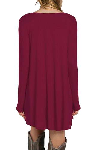Burgundy Long Sleeve Pocket Casual Loose T-shirt Dress