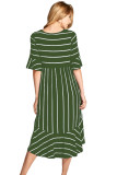 Green White Striped Bell Sleeve Hi-low Midi Dress