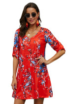Orange V Neck 3/4 Roll Sleeve Buttoned Floral Dress