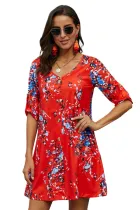 Orange V Neck 3/4 Roll Sleeve Buttoned Floral Dress