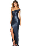 Navy One Shoulder High Split Sequined Gown Dress