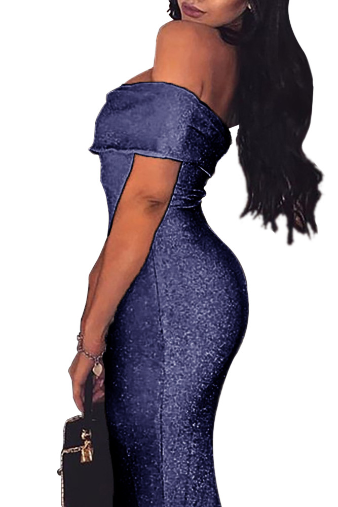 Blue Sparkle Fold Over Off Shoulder Bodycon Dress