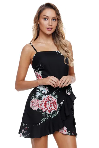 Ruffle Wrap Hemline Black Floral Sundress