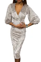 Apricot Glistening V Neck Velvet Midi Dress