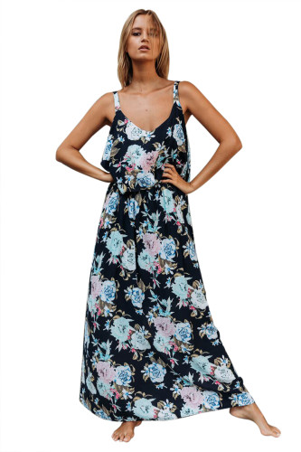Chic Summer Boho Floral Maxi Dress in Black